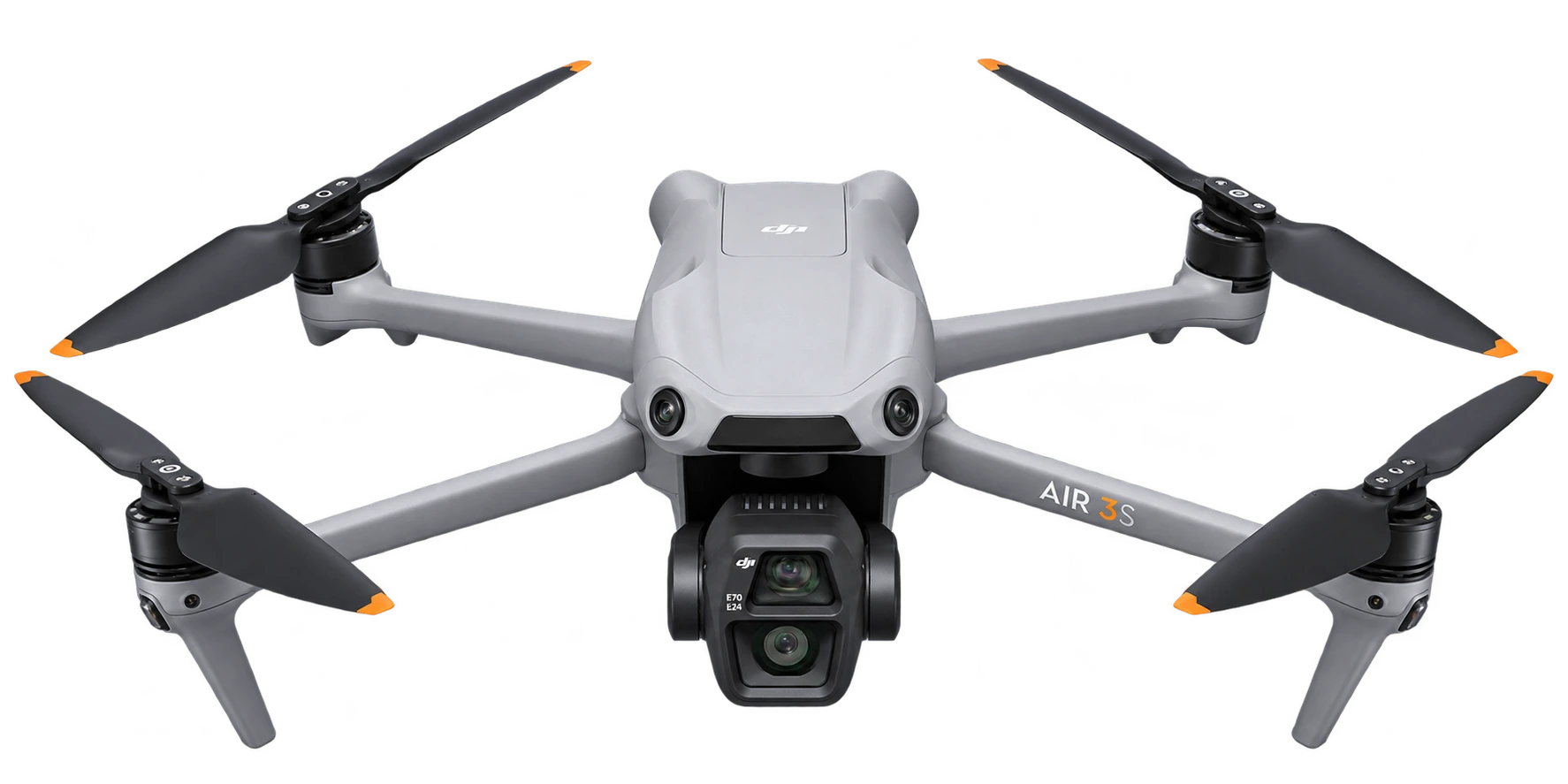 DJI Air 3S completo, com destaque para a câmera grande-angular
