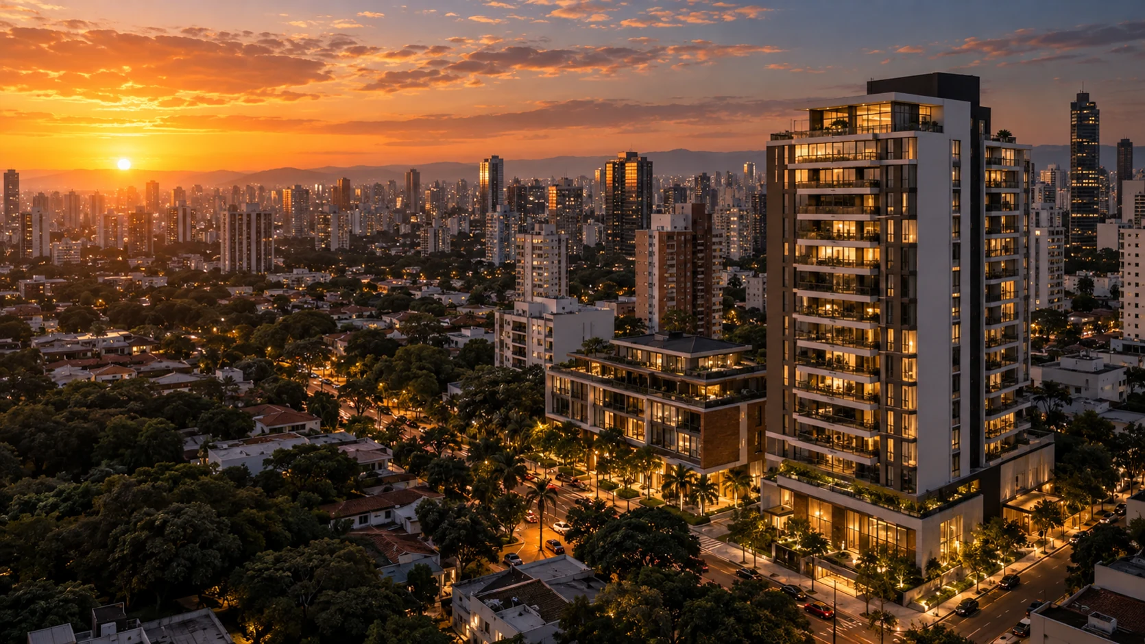 Vista aérea conceitual de edifícios, áreas verdes e ruas ao pôr do sol