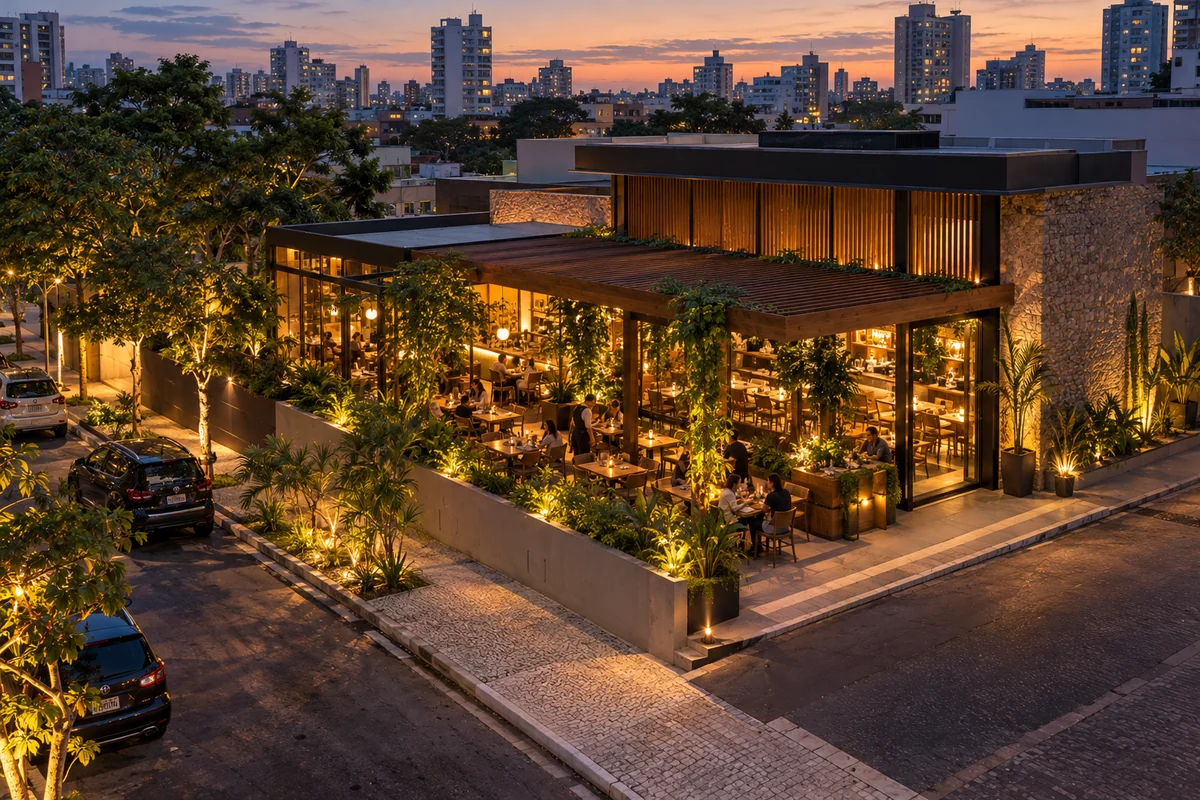 Restaurante com fachada e área externa iluminadas ao anoitecer
