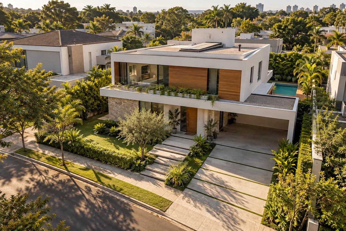 Vista aérea de uma casa contemporânea em um bairro arborizado
