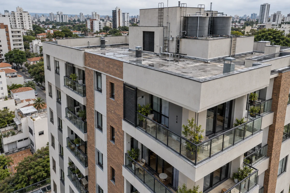 Fachada e cobertura de um edifício vistas de perto por uma perspectiva aérea