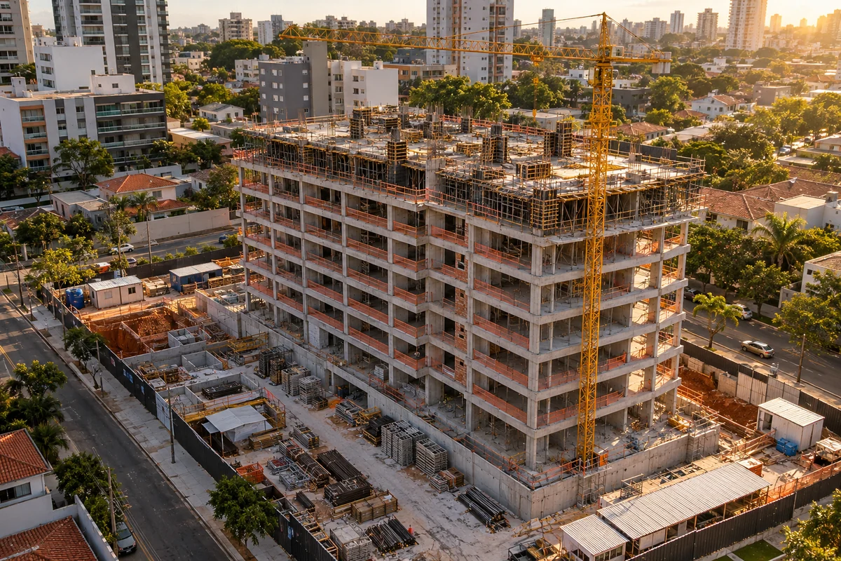 Edifício em construção e canteiro de obras vistos do alto
